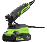  Гравер GreenWorks G24RT, 24V, б/щет, цанги 2,4/3,2мм, 6500–35000 об/мин, оснастка 52 шт, 1x2Ач,ЗУ,сумка,кор