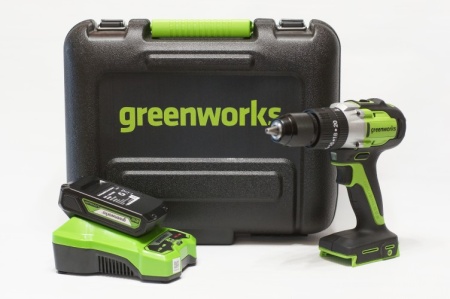 Ударная дрель-шуруповерт Greenworks GD24DD60k2, 24v, 60 Нм, в комплекте АКБ 2 А·ч и ЗУ (аккумуляторная, кейс)