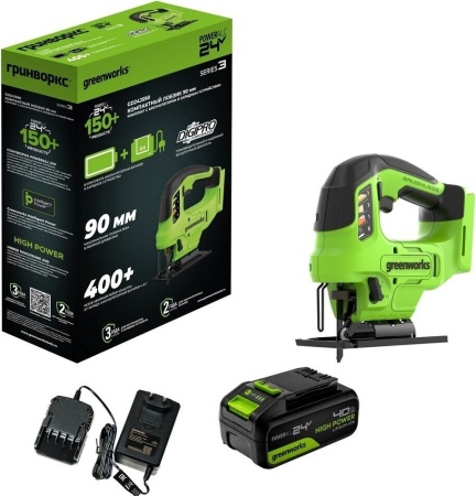 Лобзик акк. Greenworks 24V GD24JS90, б/щет, 90 мм,0-3000/мин,4 ст.маятник,LED,1х4Ач,ЗУ,кор (3601707CUB)