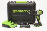 Ударная дрель-шуруповерт Greenworks GD24DD60k2, 24v, 60 Нм, в комплекте АКБ 2 А·ч и ЗУ (аккумуляторная, кейс)