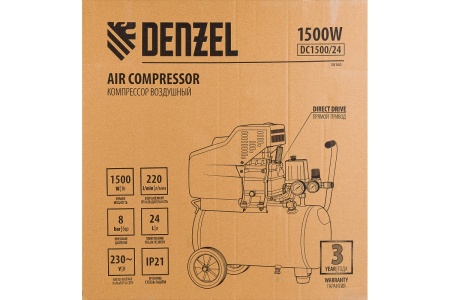 Компрессор воздушный Denzel прям. привод DC1500/24, 1,5 кВт, 24 литра, 220 л/мин Арт. 58160