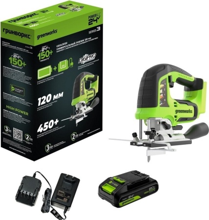  Лобзик акк.  Greenworks GD24JS120, 24V, б/щет, 120 мм, 0-3500/мин, 4-ст.маятник,LED,1х2Ач,ЗУ,кор (3601407CUA)