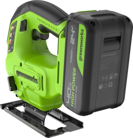 Лобзик акк. Greenworks 24V GD24JS90, б/щет, 90 мм,0-3000/мин,4 ст.маятник,LED,1х4Ач,ЗУ,кор (3601707CUB)