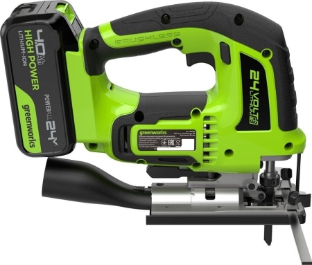 Лобзик Greenworks GD24JS120, 24V б/щет,120 мм,0-3500/мин,4-ст.маятник,алю.подошва,LED,1х4Ач,ЗУ,кор (3601407CUB)