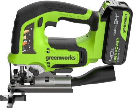 Лобзик Greenworks GD24JS120, 24V б/щет,120 мм,0-3500/мин,4-ст.маятник,алю.подошва,LED,1х4Ач,ЗУ,кор (3601407CUB)