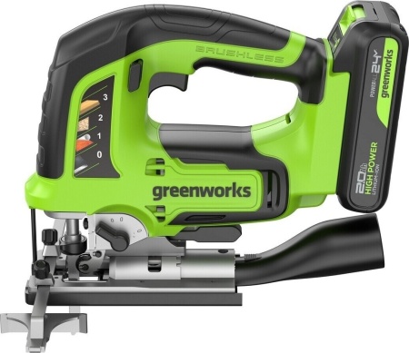  Лобзик акк.  Greenworks GD24JS120, 24V, б/щет, 120 мм, 0-3500/мин, 4-ст.маятник,LED,1х2Ач,ЗУ,кор (3601407CUA)