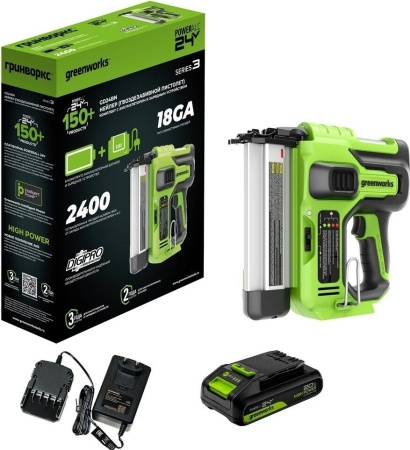 Нейлер акк. GreenWorks GD24BN, 24V, б/щет,100 уд/мин, гвозди 18GA, LED,1х2Ач,ЗУ,кор (3400707CUA)
