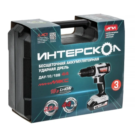Дрель-шуруповерт акк удар. Интерскол ДАУ-10/18В МиниМАКС 18V*2,5Ah Li-Ion 44Нм БЕСЩЕТ 2акк зу кейс Арт. 769.2.2.45