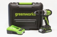 Ударная дрель-шуруповерт Greenworks GD24DD60k2, 24v, 60 Нм, в комплекте АКБ 2 А·ч и ЗУ (аккумуляторная, кейс)