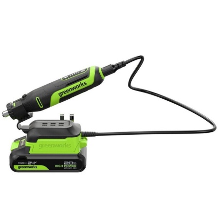  Гравер GreenWorks G24RT, 24V, б/щет, цанги 2,4/3,2мм, 6500–35000 об/мин, оснастка 52 шт, 1x2Ач,ЗУ,сумка,кор